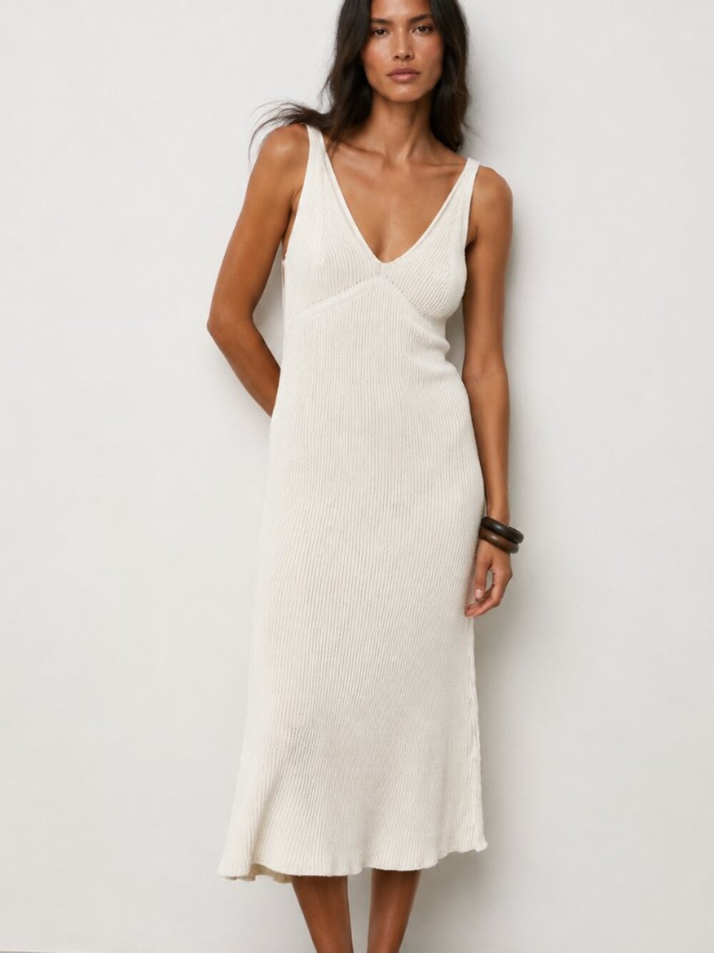 Zara Knit Midi V-Neck Summer Beach Dress Cream Medium